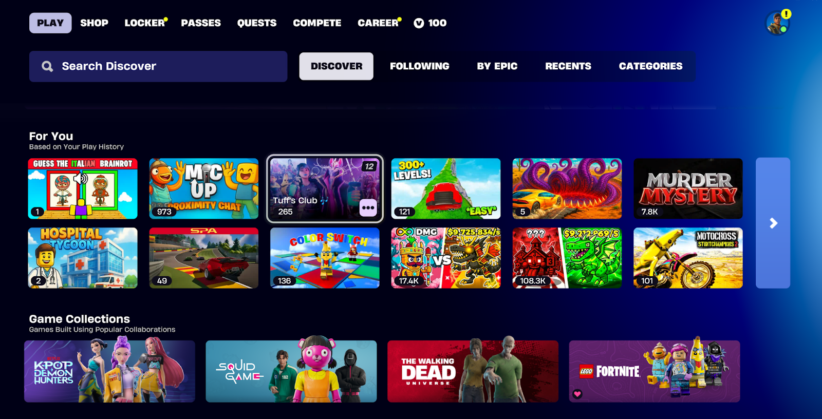 A screenshot of the byzantine Fortnite menu wth the 'play' tab highlighted - there's a 'for you' and a 'game collections' tab crammed full of modes of varying quality, but I genuinely cannot figure out how to launch into the Simpsons crossover Battle Royale map.