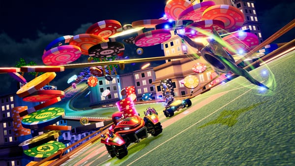Players race under an arch of roulette chips in the Roulette Road track in Sonic Racing: CrossWorlds.