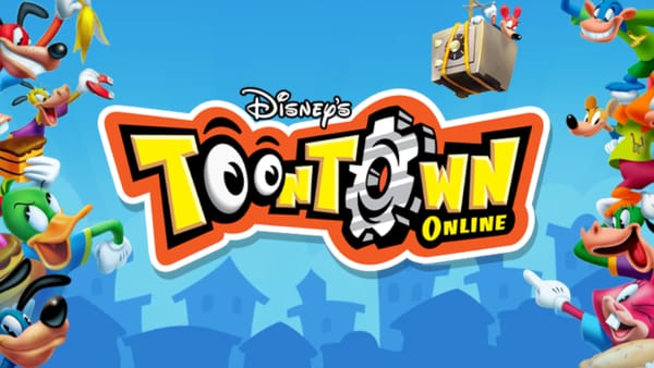 A logo for Disney's Toontown Online. Four toons line each side brandishing gags.